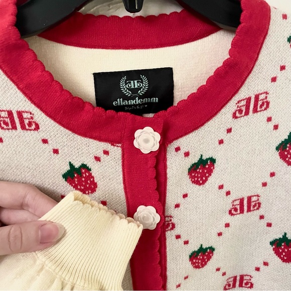 EllandEmm NWOT Strawberry Monogram Cardigan in Cream and Red, Size S/M - Picture 7 of 14